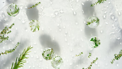 Wet off white water background with melting balls of ice with frozen herbs. Rosemary, oregano and...
