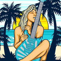 beach illustration with model with vibrant collor