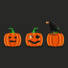Festive banner. Three juicy pumpkins with and without a carved face. Raven keeps an eye. Vector illustration on the holiday Halloween theme.