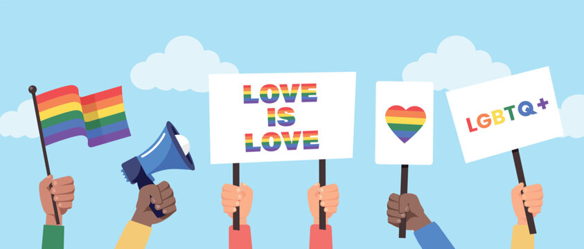 People hold megaphone, posters and flag with lgbt rainbow. Lgbt crowd protest. People protesting against homophobic concept. Vector stock