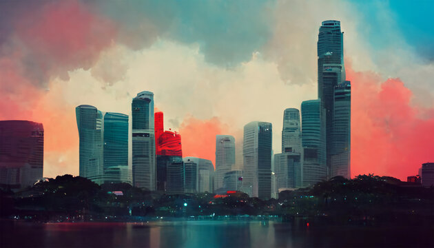 Singapore cityscape ocean evening colorful sky painting