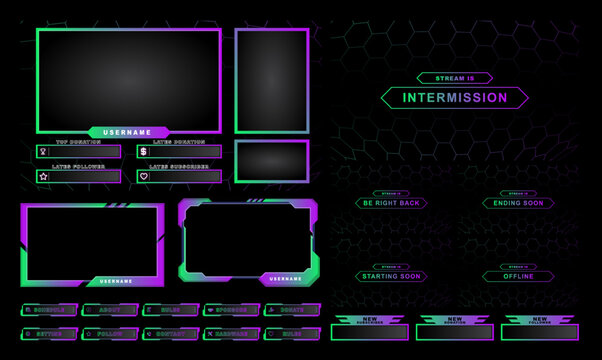 Twitch Stream Facecam OBS Template Green Purple Game Overlay Design Pack.