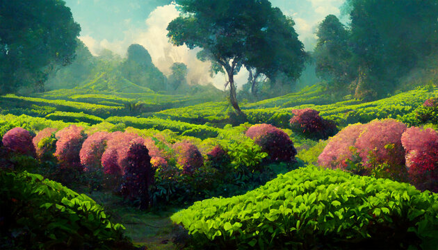 beautiful green tea garden nature sky painting