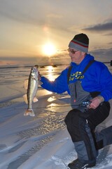 Ice angler with walleye at sunset 

