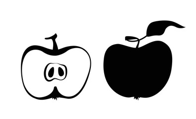 A healthy vitamin vegetarian snack. Fruit for eating or making juice from it. A set of whole and cut apples. Organic natural food. Silhouette of an apple in different forms.