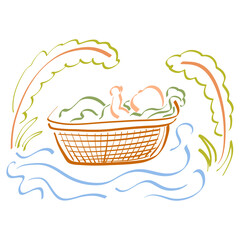 Baby Moses lies in a wicker basket floating on the water