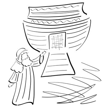 recommend clip art: noah calls to enter the open ark, salvation during the great flood, black outline on a white background