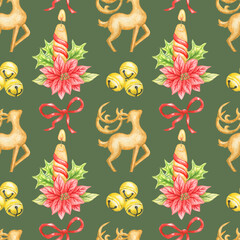 Watercolor seamless christmas pattern with candle,deer,bell and red ribbon on dark green background.Perfect for package design ,wrapping paper.