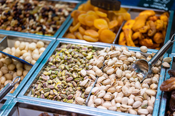 dried fruits and nuts on a market
