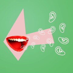 Contemporary art collage. Giant female mouth surrounded by many ears. Gossips. Concept of creativity, surrealism, bright design, information, ad