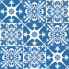 Seamless pattern Azulejo mosaic tile in blue color, traditional ornament for design