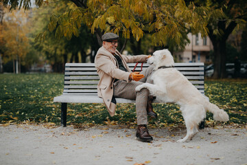 Happy senior man sitting on bench and and training his dog outdoors in city.
