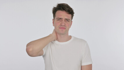 Obraz premium Young Man with Neck Pain on White Background