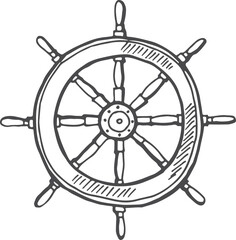 Ship wheel sketch. Retro steering marine symbol engraving