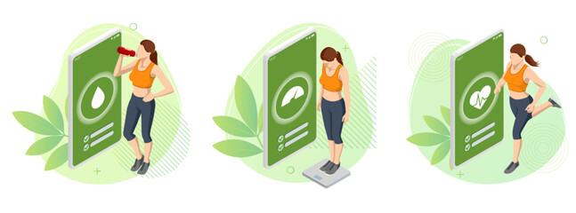 Isometric Healthy food and Diet planning for woman . Health monitoring application on the screen, Healthy eating, personal diet or nutrition plan from dieting expert