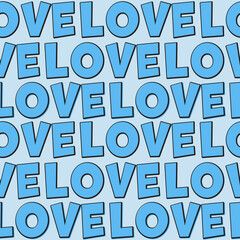 Blue background with the word love, a seamless pattern with large letters