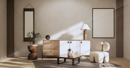 Cabinet room wooden interior wabisabi and armchair sofa and decoration japanese style.3D rendering