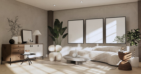 sofa and decoration japanese on Modern room interior wabisabi style.3D rendering