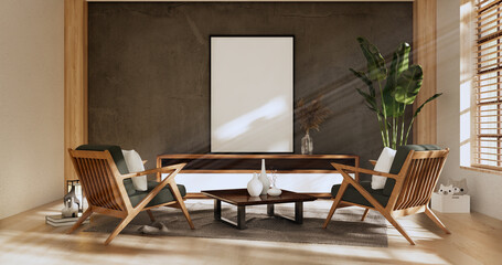 Cabinet room wooden interior wabisabi and armchair sofa and decoration japanese style.3D rendering