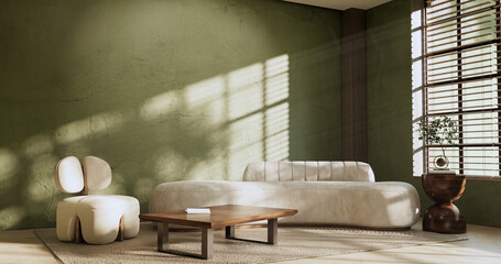 Fototapeta na wymiar Green Modern room interior wabisabi style and sofa and decoration japanese.3D rendering