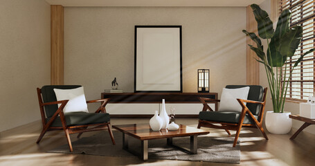 sofa and decoration japanese on Modern room interior wabisabi style.3D rendering
