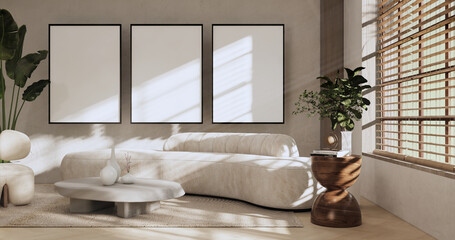 Fototapeta na wymiar sofa and decoration japanese on Modern room interior wabisabi style.3D rendering