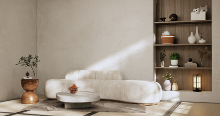 sofa and decoration japanese on Modern room interior wabisabi style.3D rendering