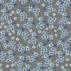 Watercolor sesmless pattern with blue flowers and leaves. Illustration