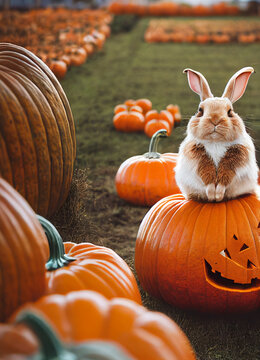 cute adorable rabbit sits on a big pumpkin in a pumpkin field
