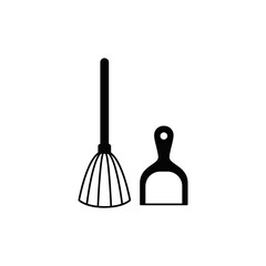 Broom and scoop icon in black flat glyph, filled style isolated on white background