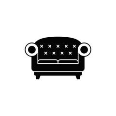Sofa icon in black flat glyph, filled style isolated on white background