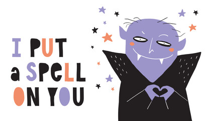 Halloween Vector Card with Scarry Vampire, Stars and Handwritten I put a Spell on You. Happy Halloween. Vampire with Violet Face on a White Backround. Cool Halloween Print ideal for Banner, Poster.