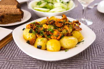 baked potatoes with chanterelles, served with herbs on white plate