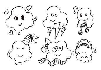 hand drawn kawaii  clouds doodle cartoon designs for wallpaper, stickers, coloring books, pins, emblems Isolated on white background. Vector illustrations.
