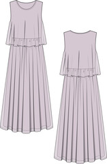 WOMEN AND GIRLS WEAR LONG CHIFFON WOVEN DRESS FRONT AND BACK VECTOR SKETCH