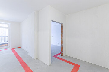 Russia, Moscow- May 21, 2020: interior apartment rough repair for self-finishing. interior decoration, bare walls of the room, stage of construction