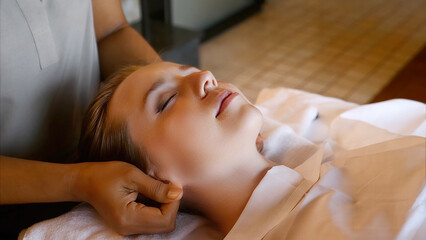 Obraz na płótnie Canvas Woman gets ears massage in spa salon, female person on massage therapy