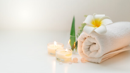 Fototapeta na wymiar Still life spa setting with pink stone aroma scent candle and plumeria flower. Thai spa massage. Spa treatment cosmetic beauty. Aromatherapy care relax wellness. Aroma and salt scrub healthy lifestyle