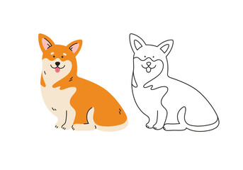 Cute corgi dog vector cartoon illustration. Hand-drawn dog in contemporary flat style, and line art. Cartoon animal, pet. The dog is sitting.