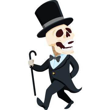Skeleton ghost wearing a suit holding a walking stick in halloween fancy to go trick or treating cartoon character png file.