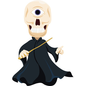 Skeleton ghost Wizard holding a wand in halloween fancy to go trick or treating cartoon character png file.
