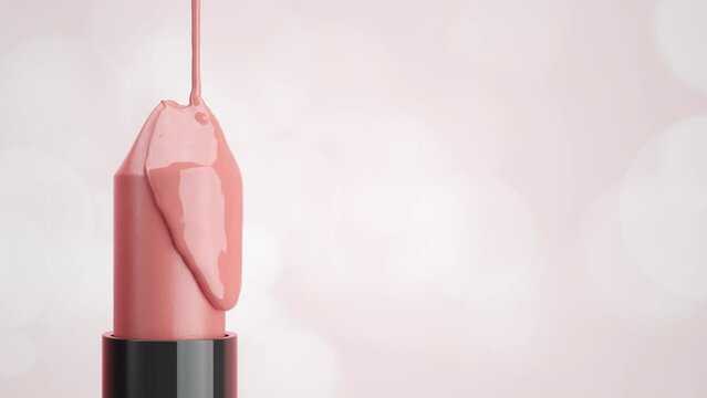 Closeup Liquid Pink color drip on Pink Lipsticks isolate on bokeh background. 3D animation. selective focus.