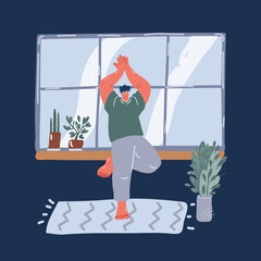 Cartoon vector illustration of Young man doing yoga exercises. Warrior pose