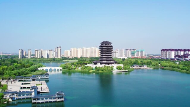 Aerial photography of ancient Chinese garden buildings in Zibo, Shandong