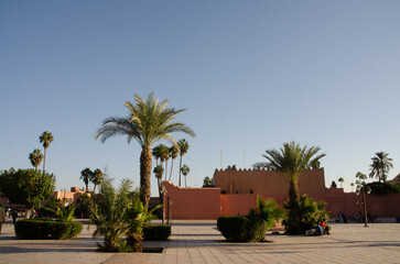 fortress in new Marrakesh, Morocco with palm trees