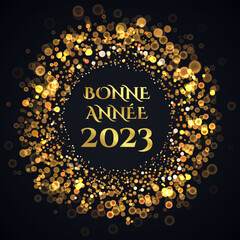 carte ou bandeau sur une bonne année 2023 en or dans un cercle avec des rond en effet bokeh couleur or sur un fond noir	