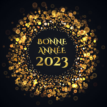 Vecteur Stock carte ou bandeau sur une bonne année 2023 en or dans un  cercle avec des rond en effet bokeh couleur or sur un fond noir | Adobe  Stock