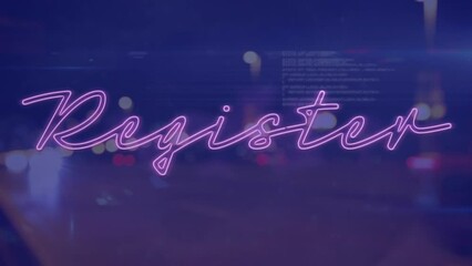 Animation of data processing and register text over cityscape - Powered by Adobe