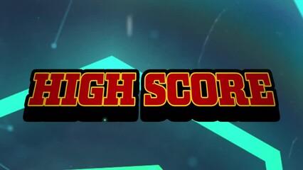 Animation of pink metallic text high score over explosion and shapes on purple