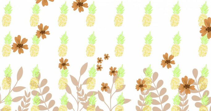 Animation of flower icons over pineapple icons and leaves